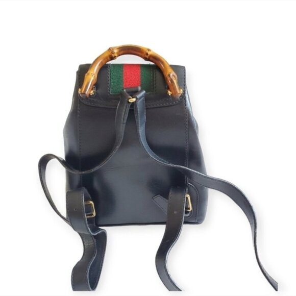 Authentic Vintage Gucci Bamboo Mini Backpack Black Leather Web Detail - Picture 3 of 15